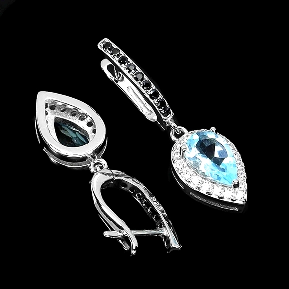 Natural Blue Topaz 8x5mm &  Black‎ Spinel 925 Sterling Silver Earrings - Picture 4 of 7